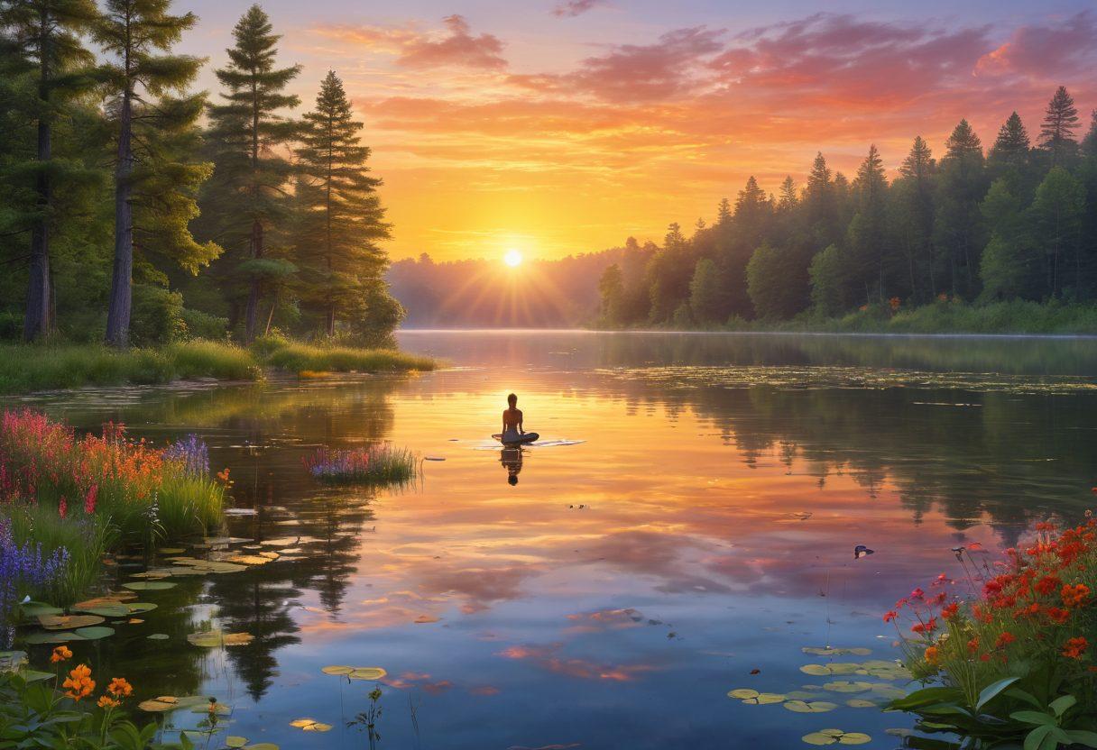 A serene landscape showcasing a vibrant sunrise over a tranquil lake, surrounded by lush greenery and colorful wildflowers. A person practicing yoga on the shore, radiating joy and peace, with birds soaring in the sky. Gentle ripples in the water reflect the warm hues of the sky. The scene evokes a sense of tranquility and happiness. super-realistic. vibrant colors. peaceful atmosphere.