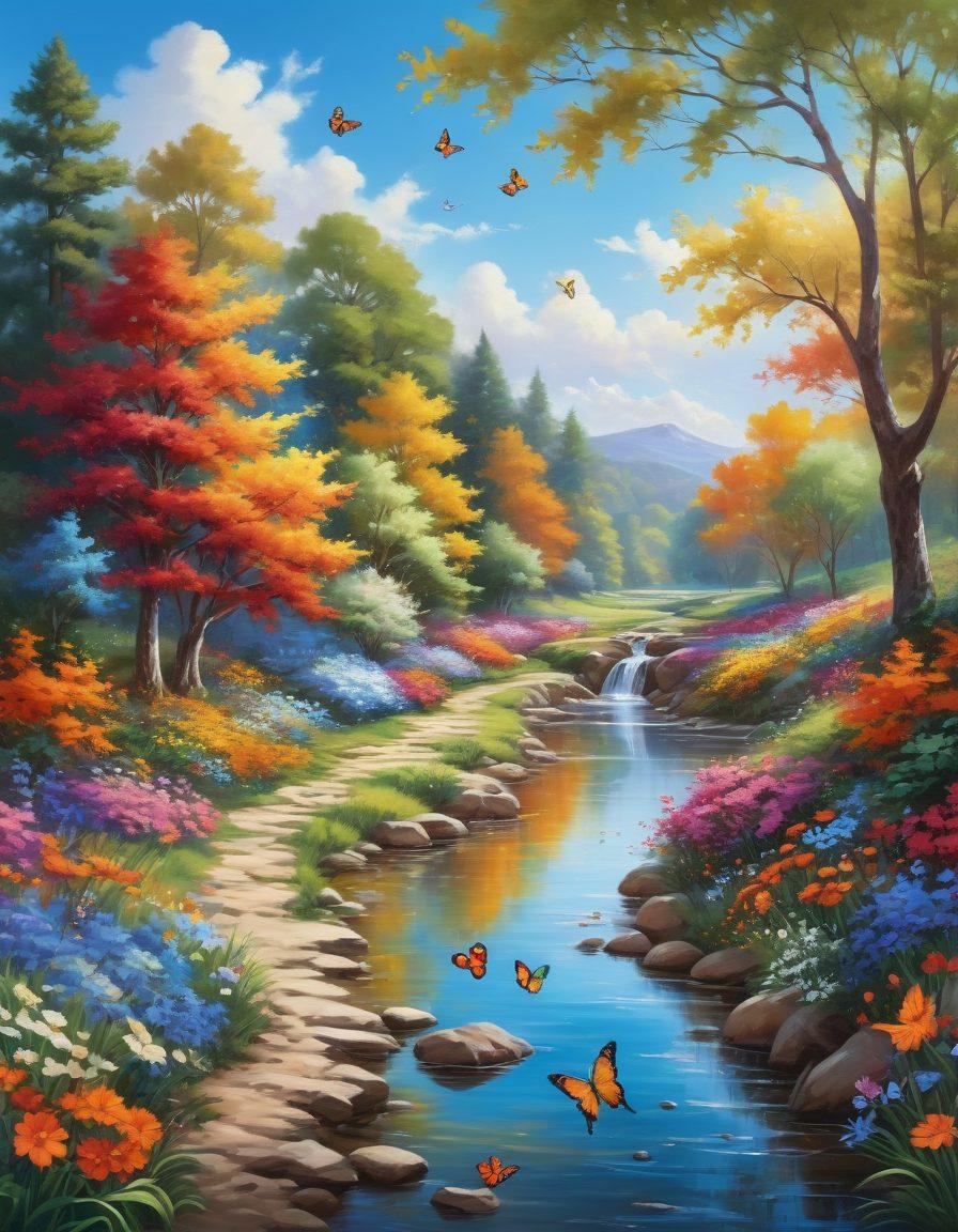 A vibrant landscape filled with colorful flowers and playful butterflies under a bright blue sky, a joyful person painting a large mural of happiness and laughter. Lively colors radiate from the scene, manifesting a sense of cheerfulness and creativity. The setting features whimsical trees and a gentle stream reflecting the colors of the world around. super-realistic. vibrant colors. bright background.