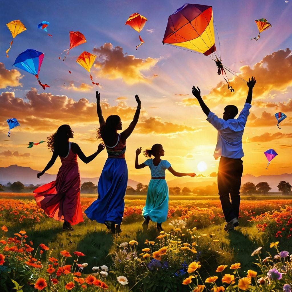 A vibrant sunrise casting golden rays over a serene landscape, depicting diverse people engaging in joyful activities like laughing, meditating, and dancing. Bright flowers blooming in the foreground symbolize growth and positivity, connecting with the theme of transformation and optimism. The sky filled with colorful kites represents freedom and joy, inviting viewers to embrace each day. super-realistic. vibrant colors. uplifting atmosphere.
